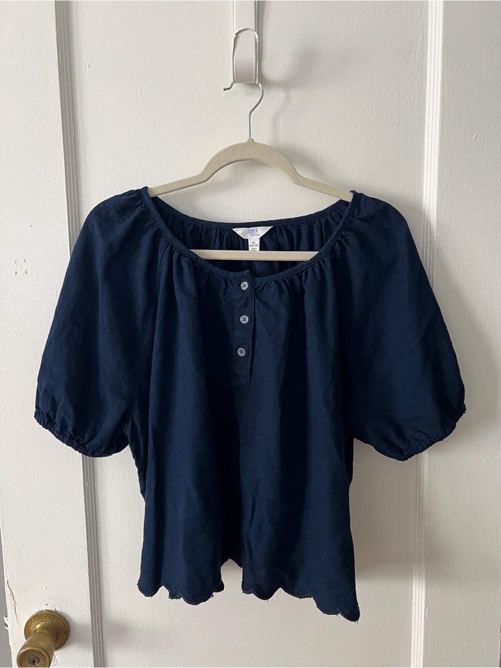Time and Tru Navy Peasant Blouse with Button Placket